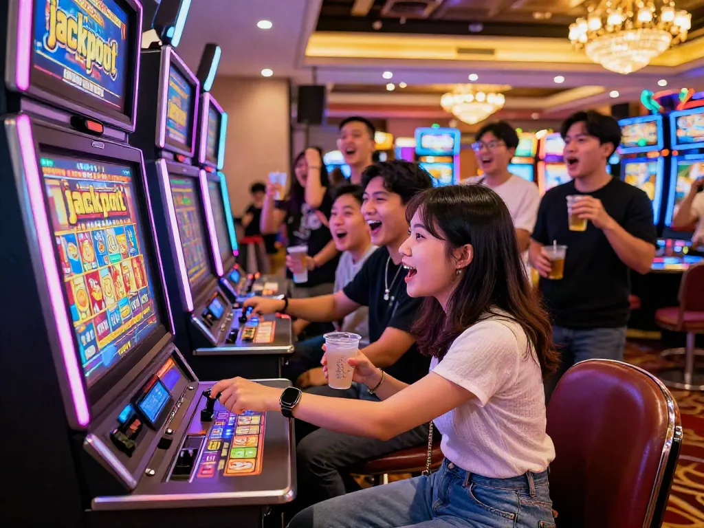 Excited players celebrating a jackpot win at a slot gacor machine in a vibrant casino.