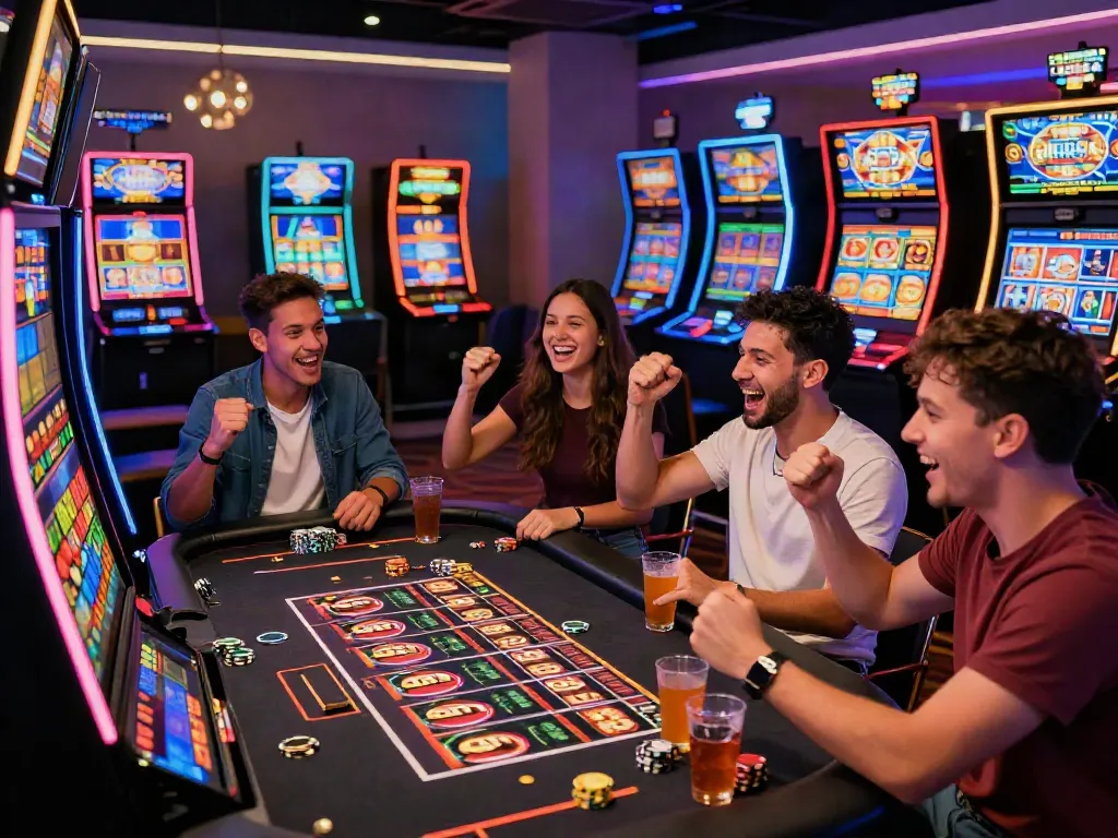 Friends enjoying fun slot gacor gaming experience with vibrant atmosphere.
