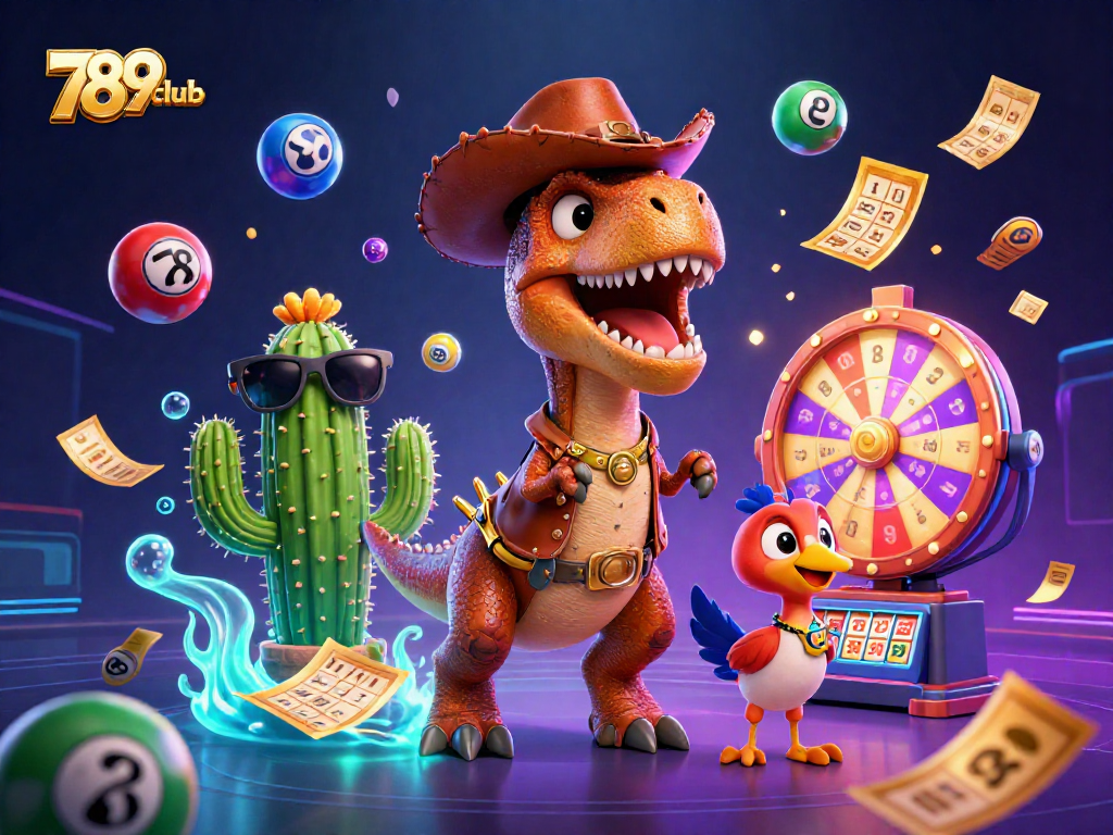 Engage with 789club's exciting lottery games as a cowboy dinosaur explores vibrant casino elements.