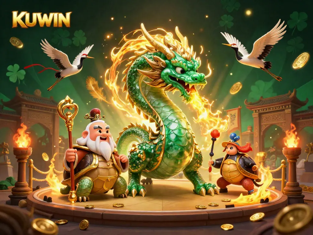 Experience thrilling moments at KUWIN with a dynamic illustration of a dragon, turtle, and cranes.