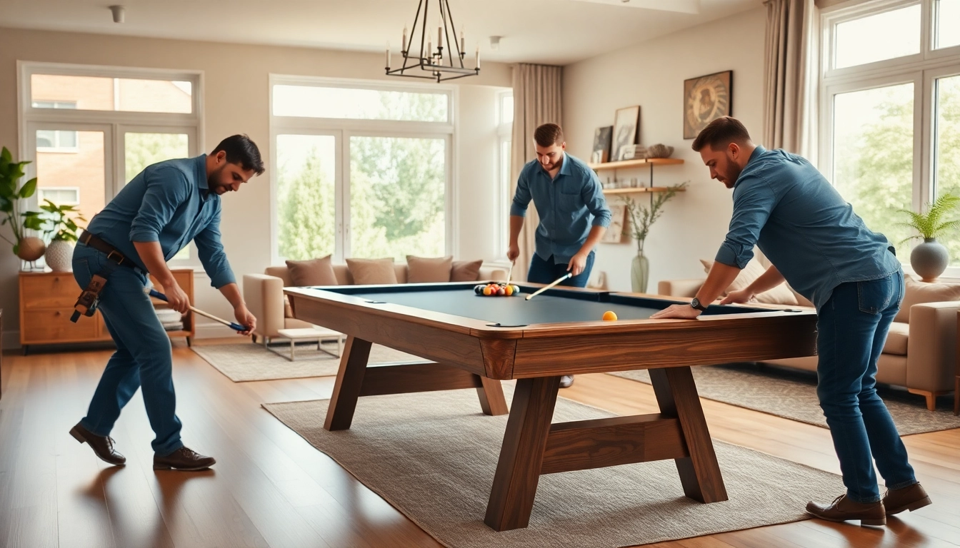 Game table movers services showcasing professionals disassembling a pool table in a bright room.