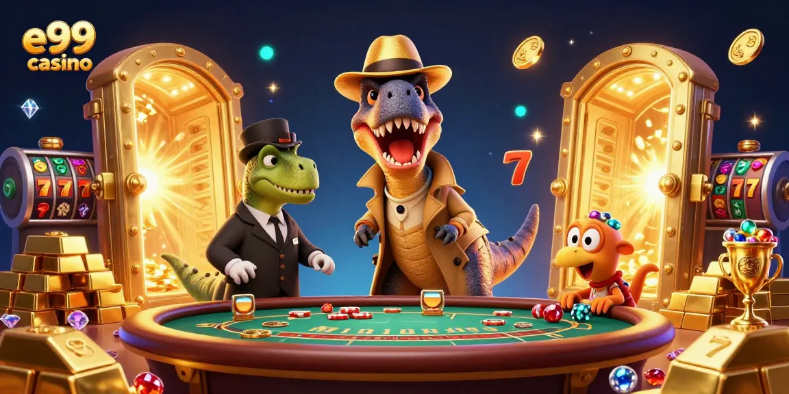 Enjoy fun gameplay at e99 casino with a velociraptor card counter at a blackjack table.