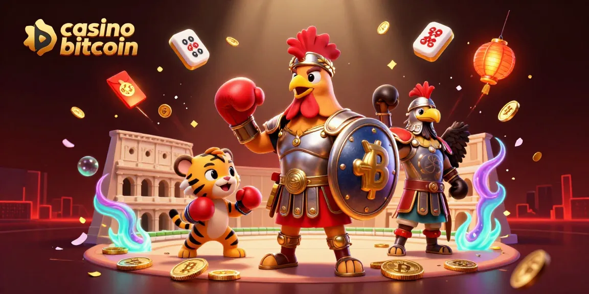 Divertiti nei casino bitcoin con un gallo gladiatore e un cucciolo di tigre in un'arena.