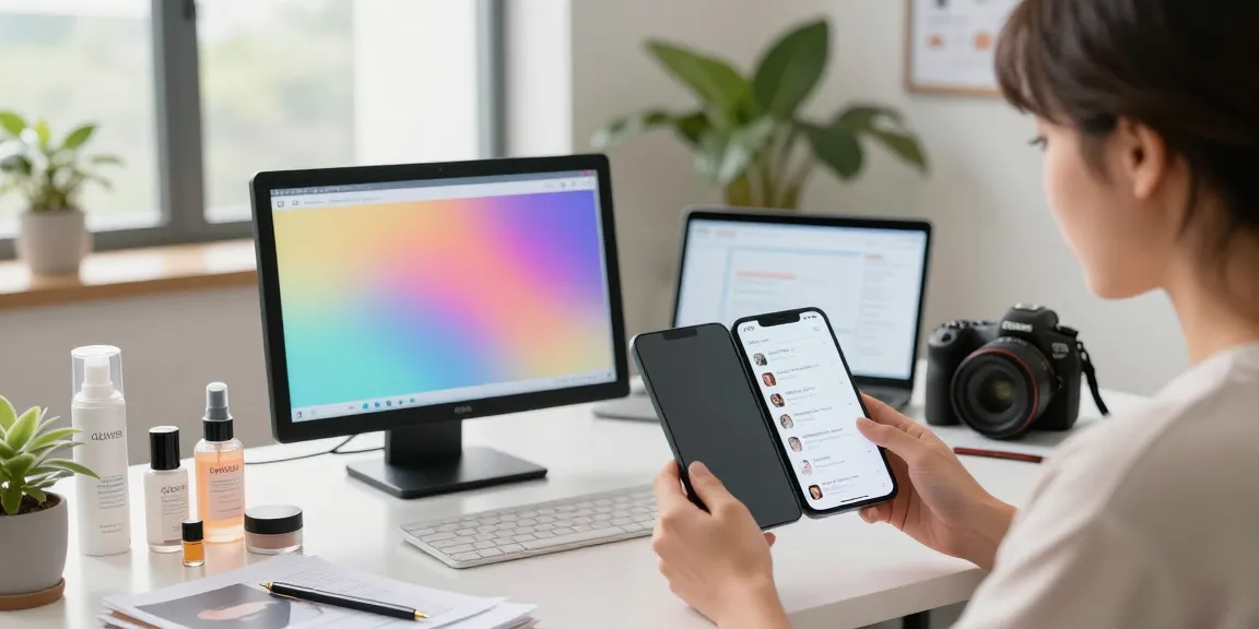 Analyzing alternatives to QOVES with digital devices and skincare products in a modern office.