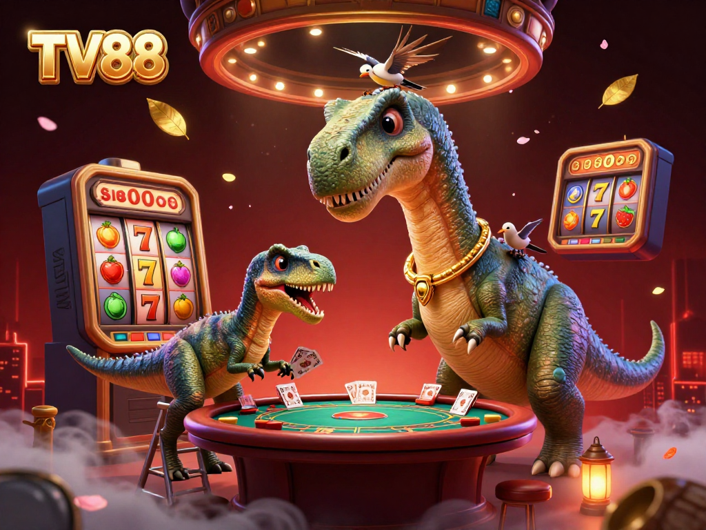 Experience thrilling slots action with TV88 in a vibrant casino illustration full of characters and game elements.