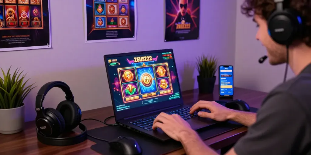 Momen bermain ZEUS222 di laptop dengan suasana gaming yang energik.