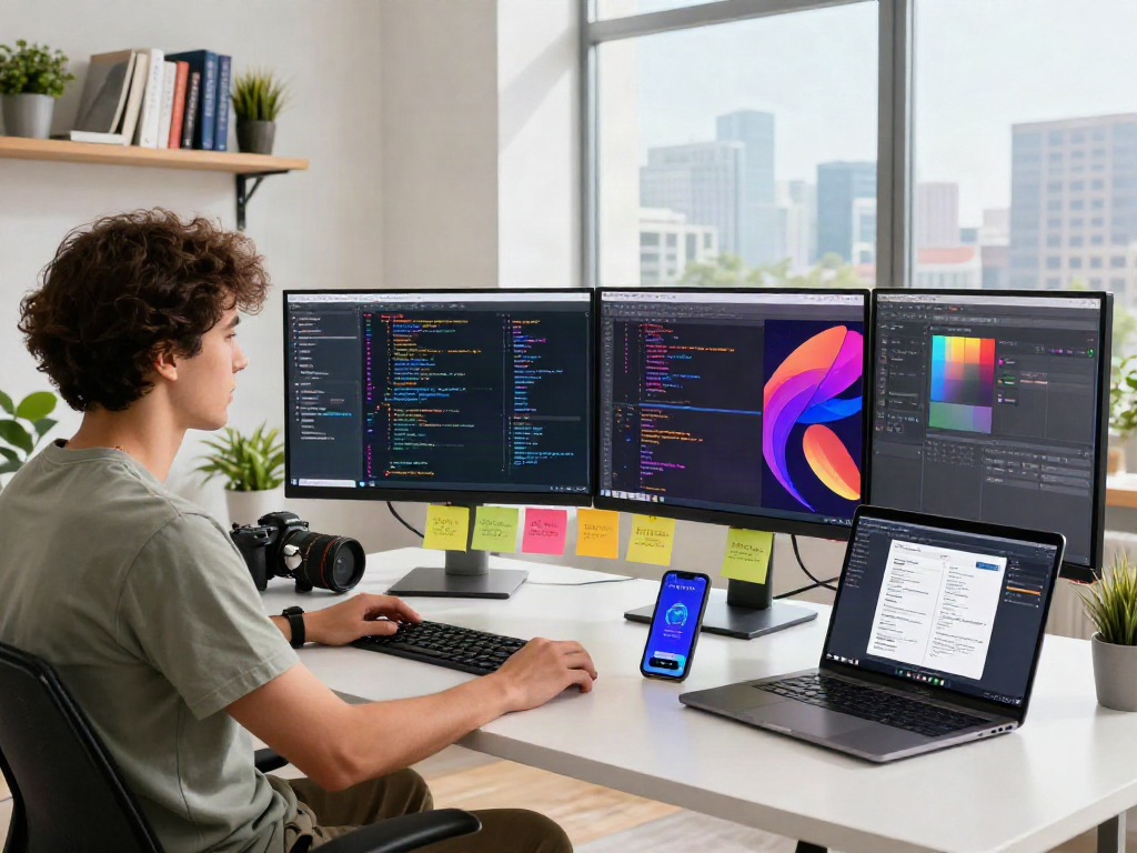 Pikashow apk download in action at a modern tech workspace with vibrant app interfaces and coding.