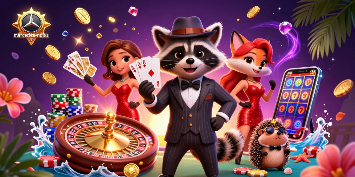 Experience the excitement at mercedes-nohu with a dynamic casino scene featuring a raccoon, fox, and hedgehog among royal flush cards and vibrant casino elements.