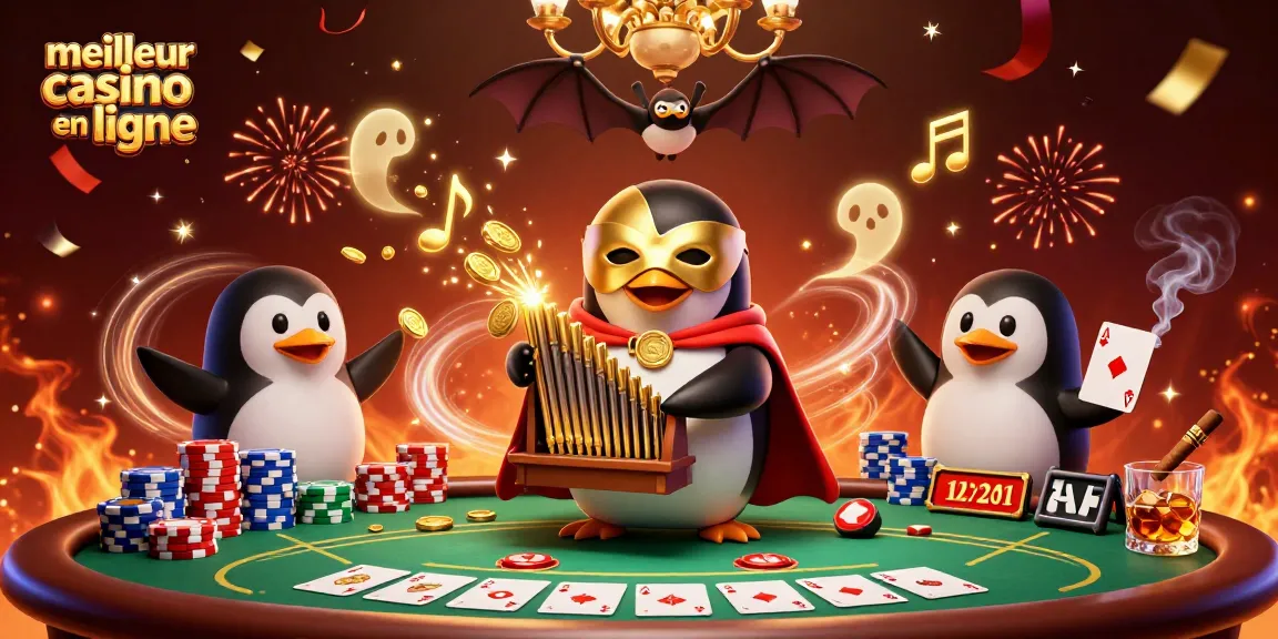 Jouer au meilleur casino en ligne avec un pingouin opéra en 3D et des éléments de poker colorés.