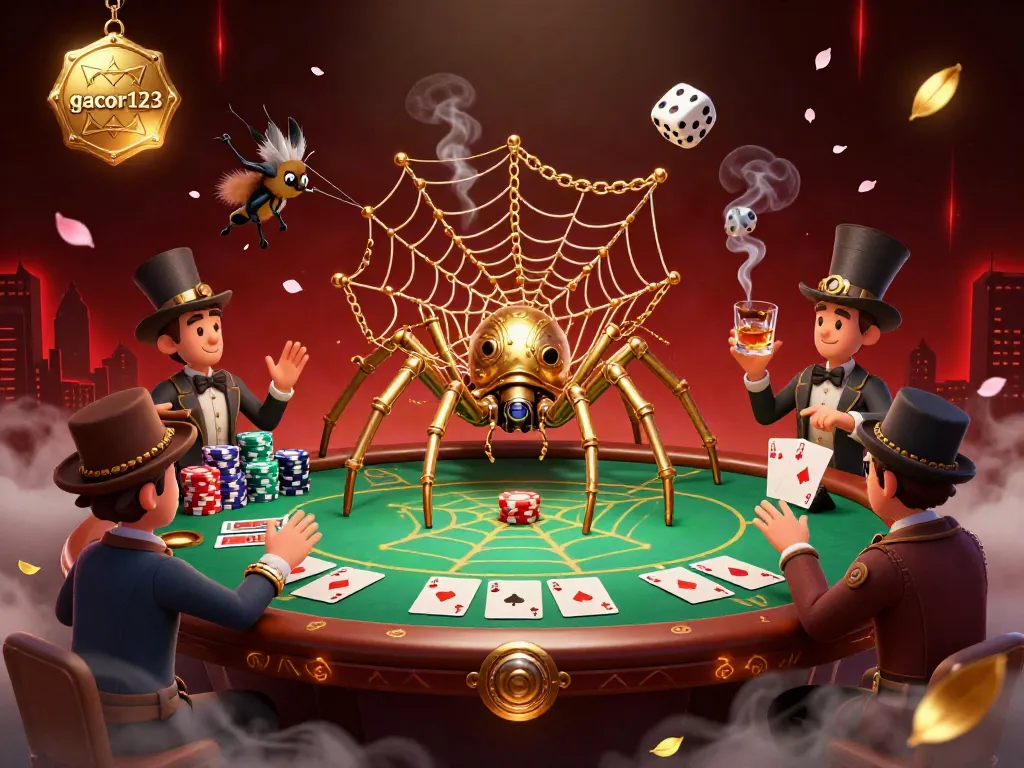 Experience the thrill of gacor123 with a golden spider weaving webs of chance amidst lively poker action.
