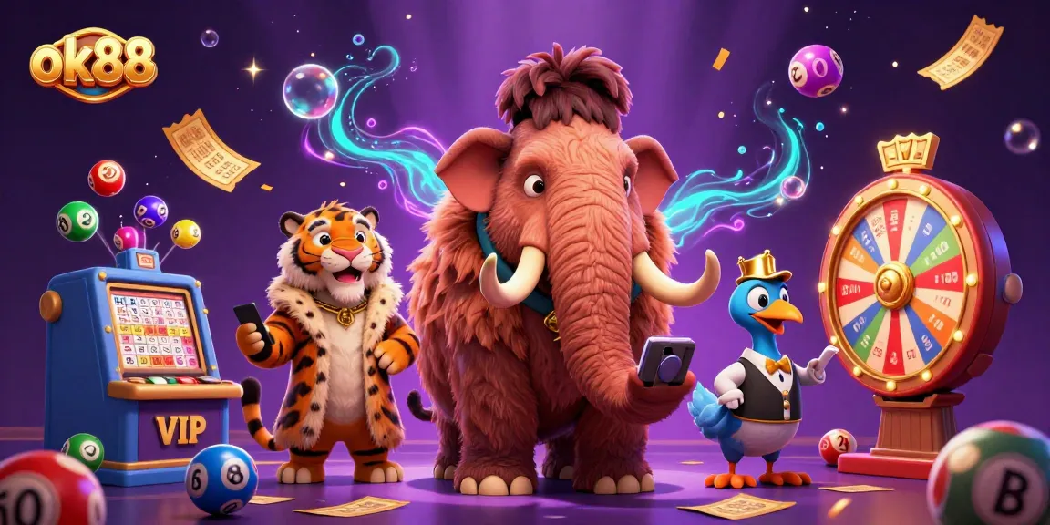Experience thrilling moments at ok88 with a vibrant scene featuring a woolly mammoth bouncer and interactive lottery elements.