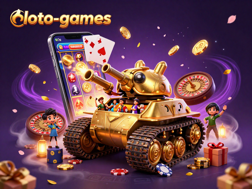 Loto-games captures a vibrant casino scene with a golden beetle tank revealing a mini gambling world.