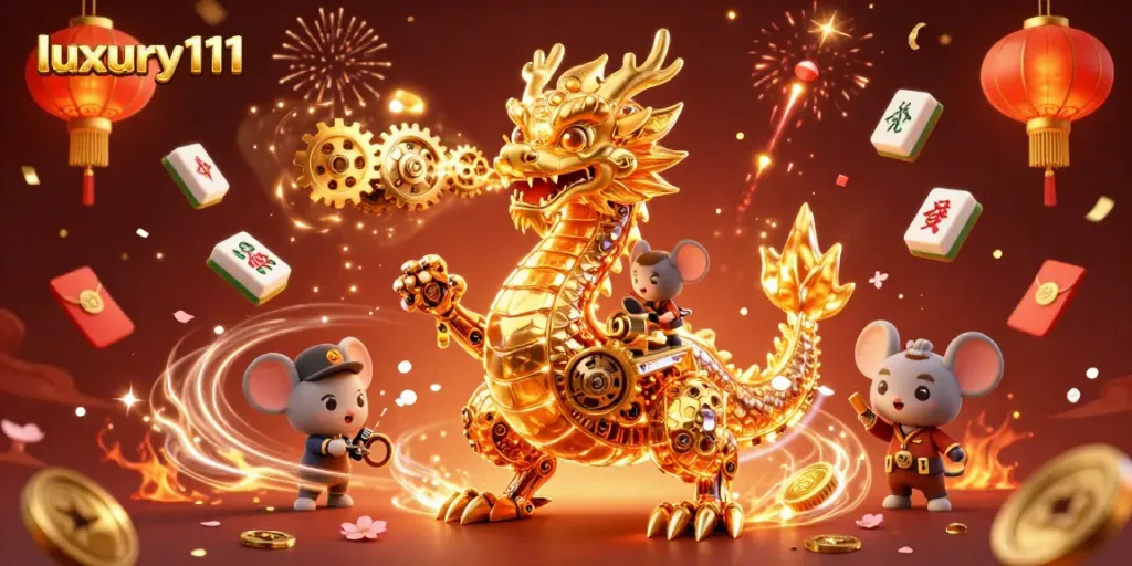 Experience the excitement of luxury111 in this vibrant 3D casino illustration filled with game symbols and festive elements.