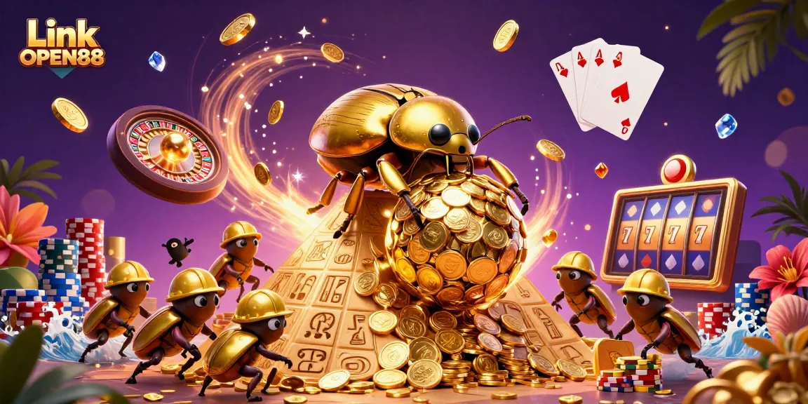 Bet big and win with Link OPEN88: A vibrant casino-themed 3D illustration of beetles and riches.