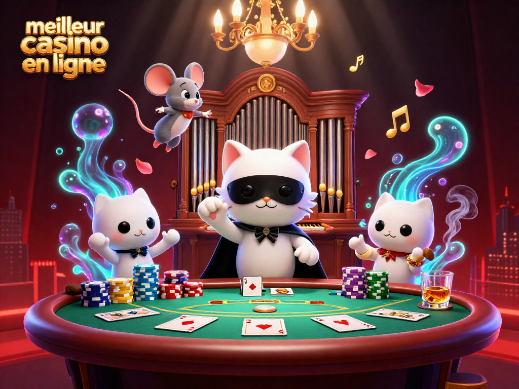 Découvrez le meilleur casino en ligne avec un chat fantôme 3D captivant au piano dans une scène animée de poker.