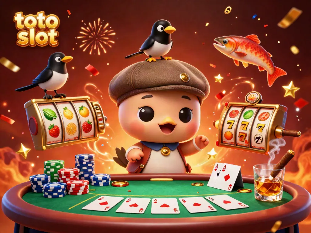 Menang besar dengan toto slot dalam ilustrasi kasino yang ceria, menampilkan karakter unik.
