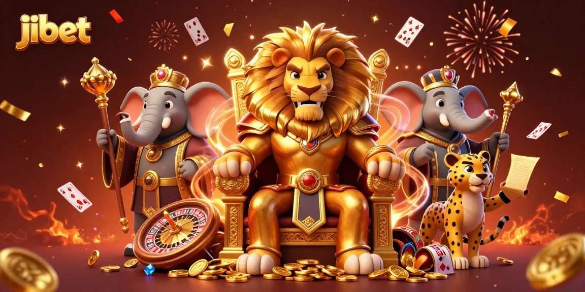 Experience thrilling gaming action at jibet with a vibrant 3D casino scene hosting a regal lion king, elephant, and cheetah.