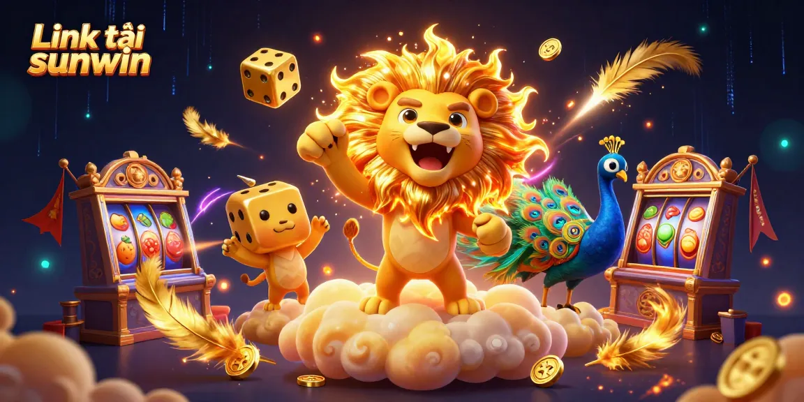 Win big in online gaming with "Link tải sunwin" featuring a roaring lion and dynamic casino elements.