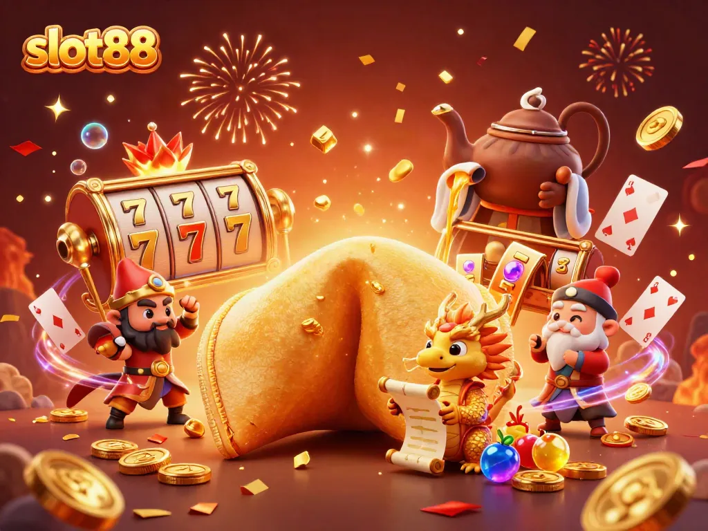 Experience thrilling gameplay with slot88 featuring a whimsical golden fortune cookie and dragon in a dynamic casino scene.