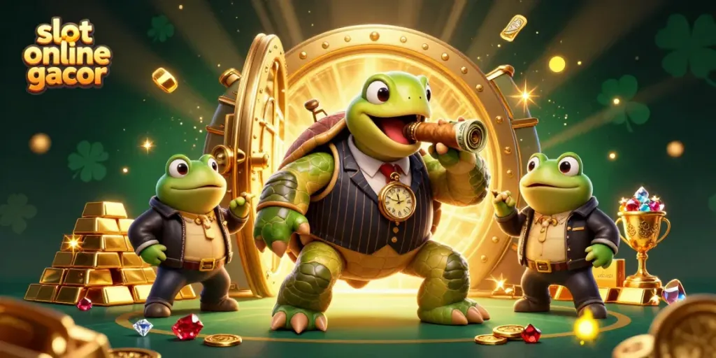 Experience the excitement of slot online gacor with a vibrant playful scene featuring a snapping turtle in a mobster suit, flanked by bullfrogs, surrounded by treasures.