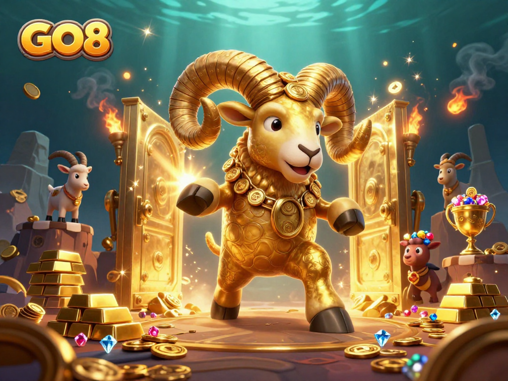 Experience exciting wins with GO8 at this vibrant casino-themed illustration filled with treasures.