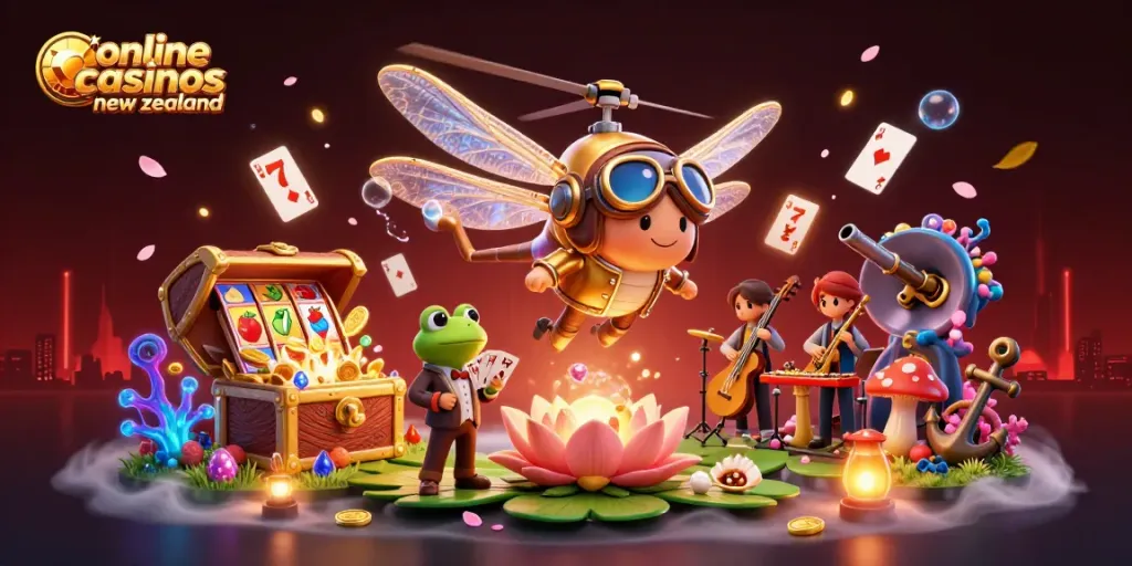 Engage with online casinos New Zealand through an exciting 3D scene showcasing dynamic gaming elements.