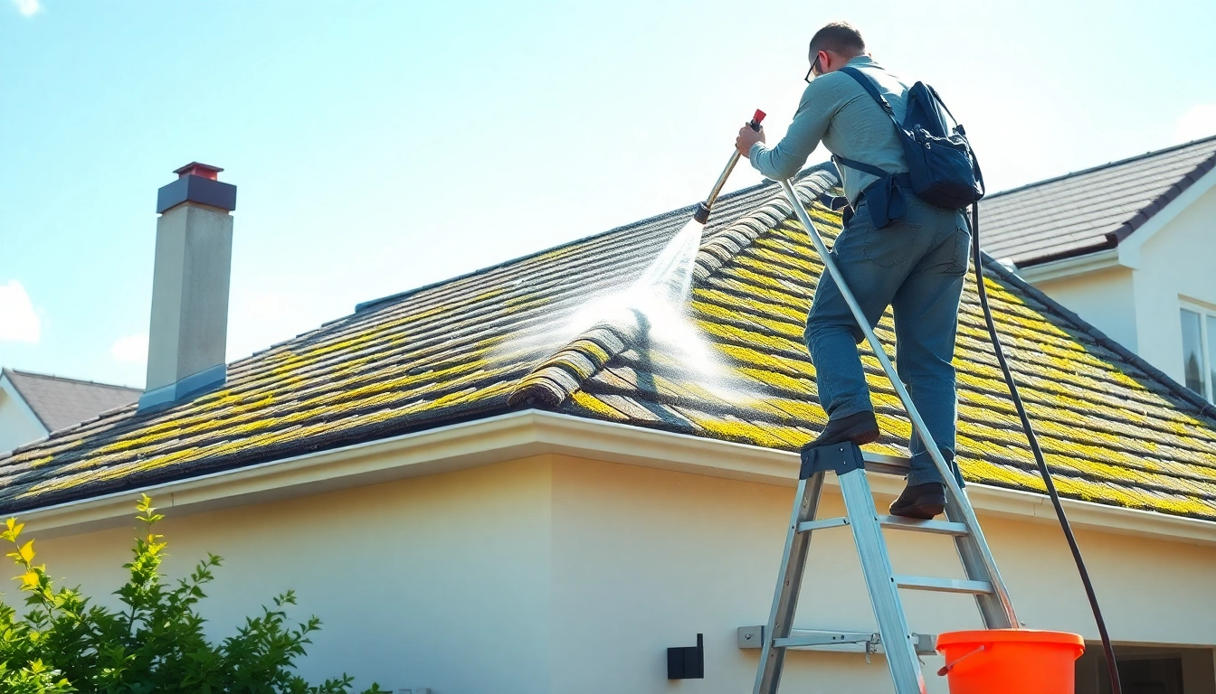 Performing roof cleaning to remove debris and stains from a residential roof.