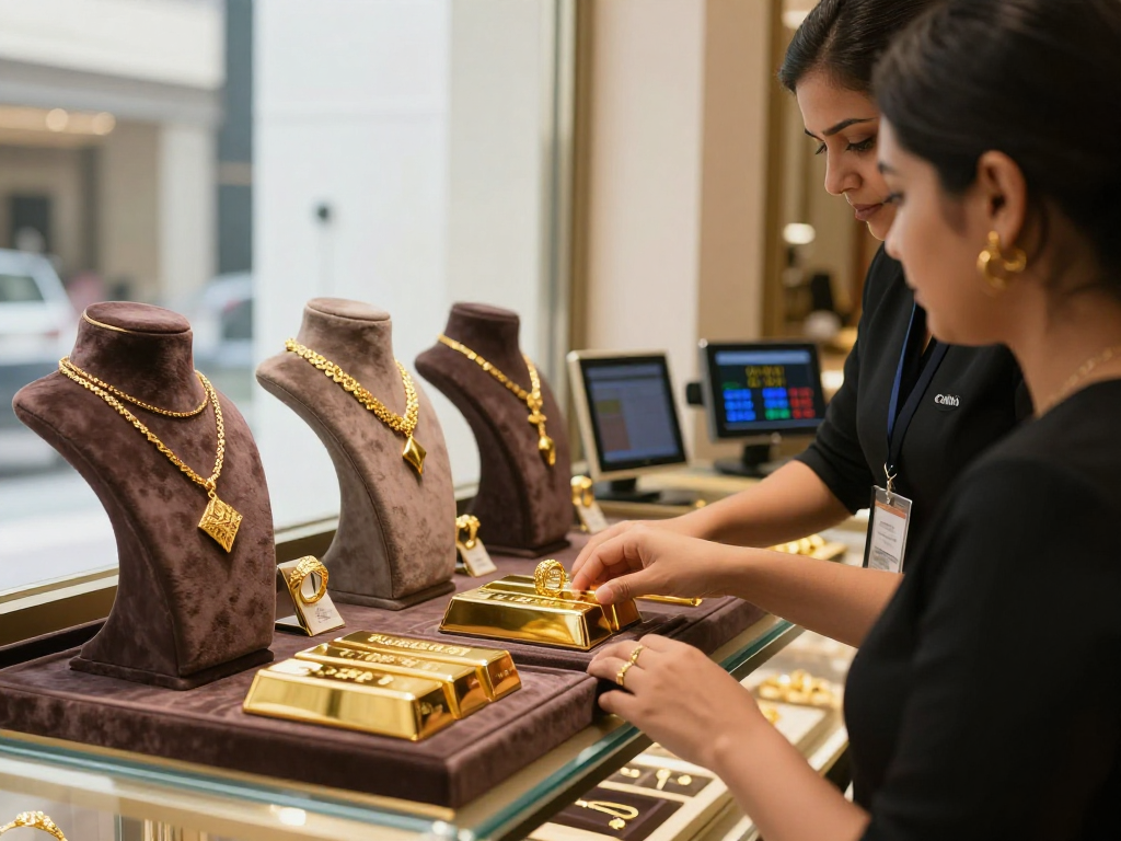 Mantra88 gold jewelry display in an elegant shop, showcasing 24K bars, 22K rings.