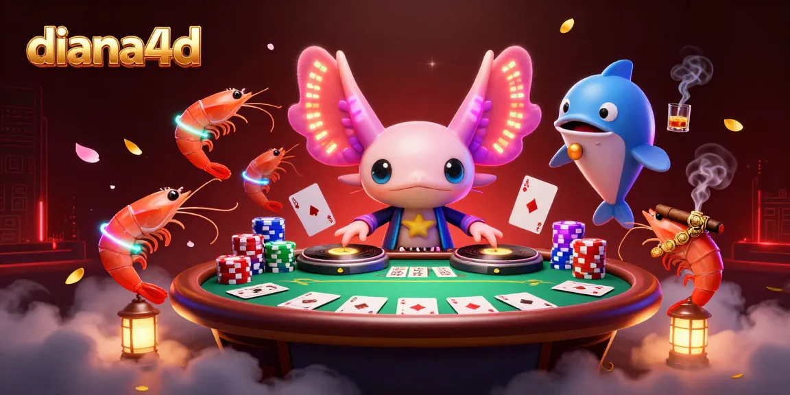 Experience diana4d through a vibrant 3D illustration of casino action with an axolotl DJ spinning records.