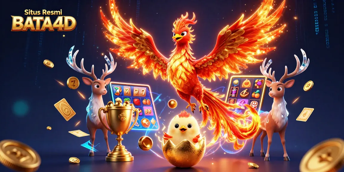 Situs Resmi BATA4D showcases vibrant slot games with fire phoenix characters and game elements.