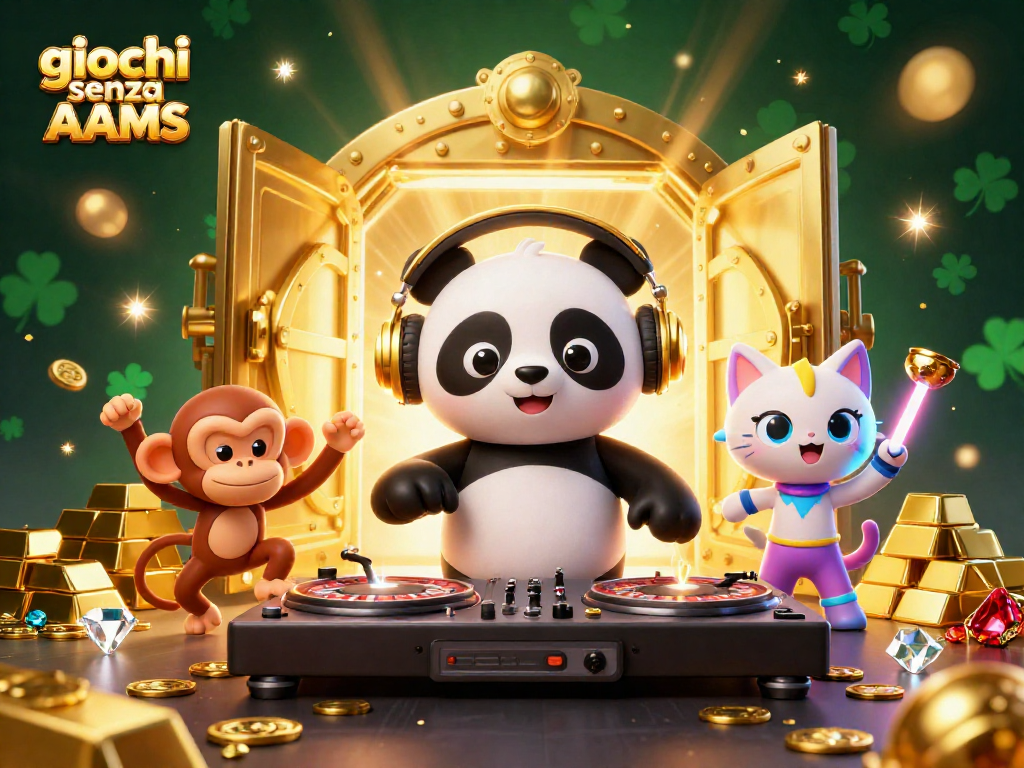 La scena vivace di giochi senza AAMS con panda DJ e personaggi festivi sul pavimento da ballo.