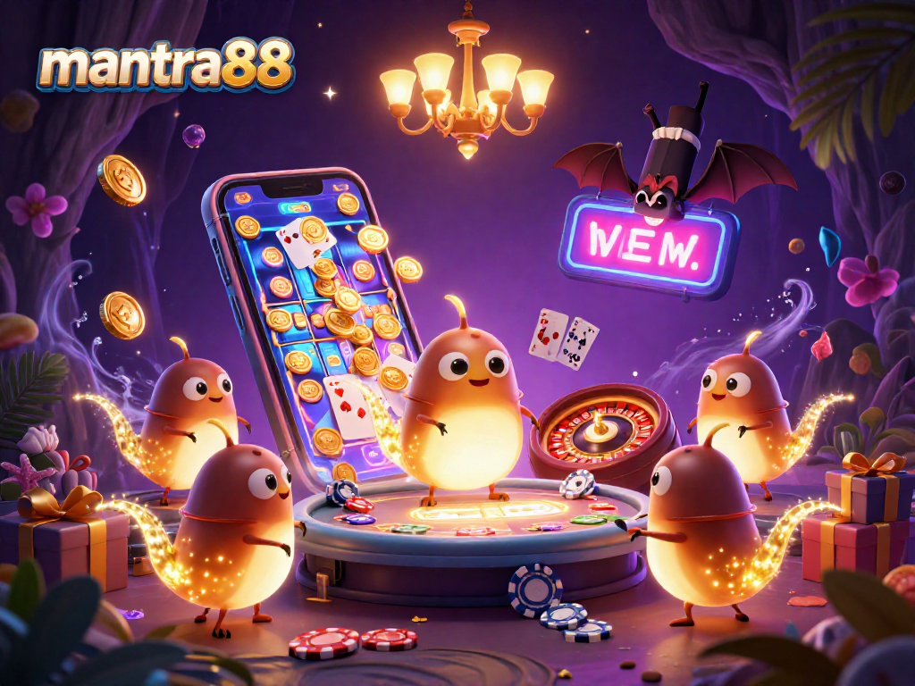 Experience mantra88's vibrant cave casino scene illuminated by glowworms and a bat dealer.