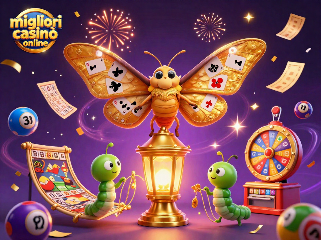 Illustrazione 3D dettagliata dei migliori casinò online con una falena gigante e dettagli di gioco d'azzardo.