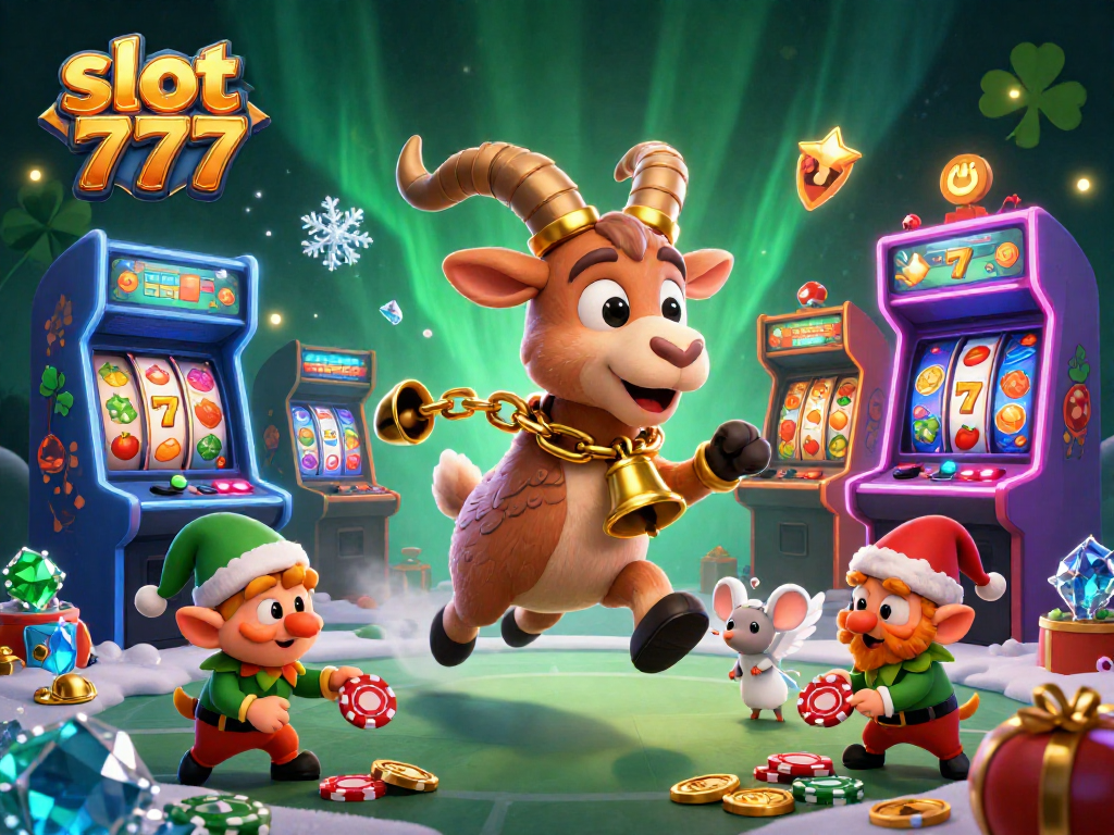 Experience the festive thrill of slot 777 with a magical casino scene featuring playful characters.