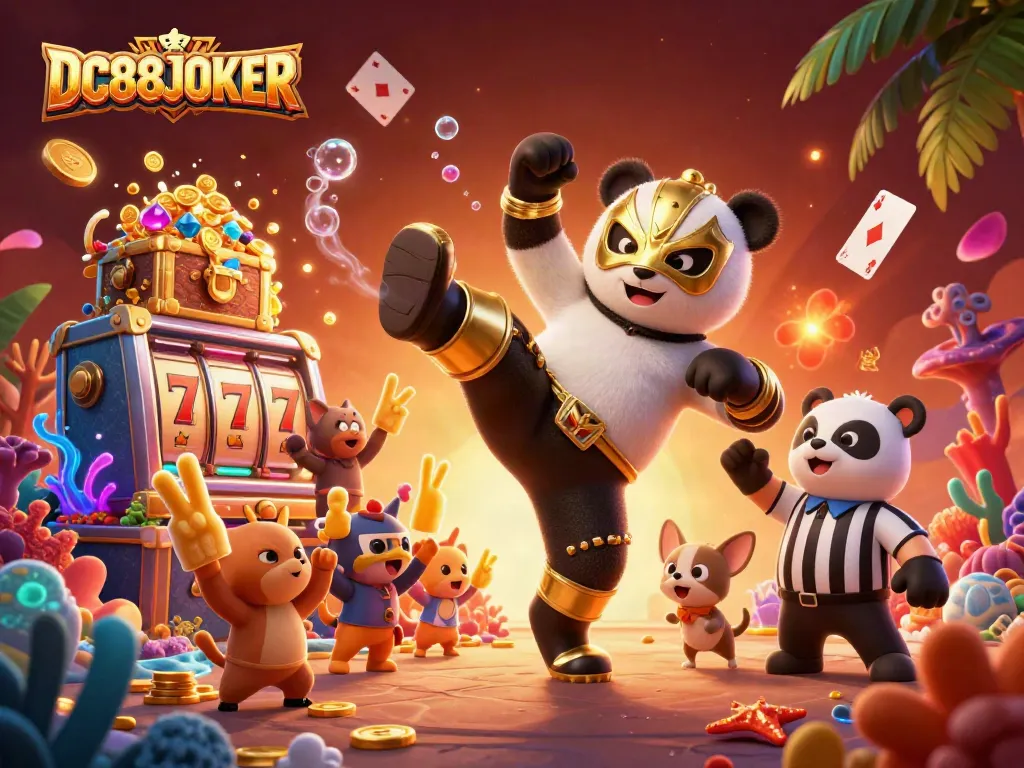 DC88JOKER scene featuring a flying panda wrestler, glowing slot reels, and cheering animal fans in a vibrant casino atmosphere.