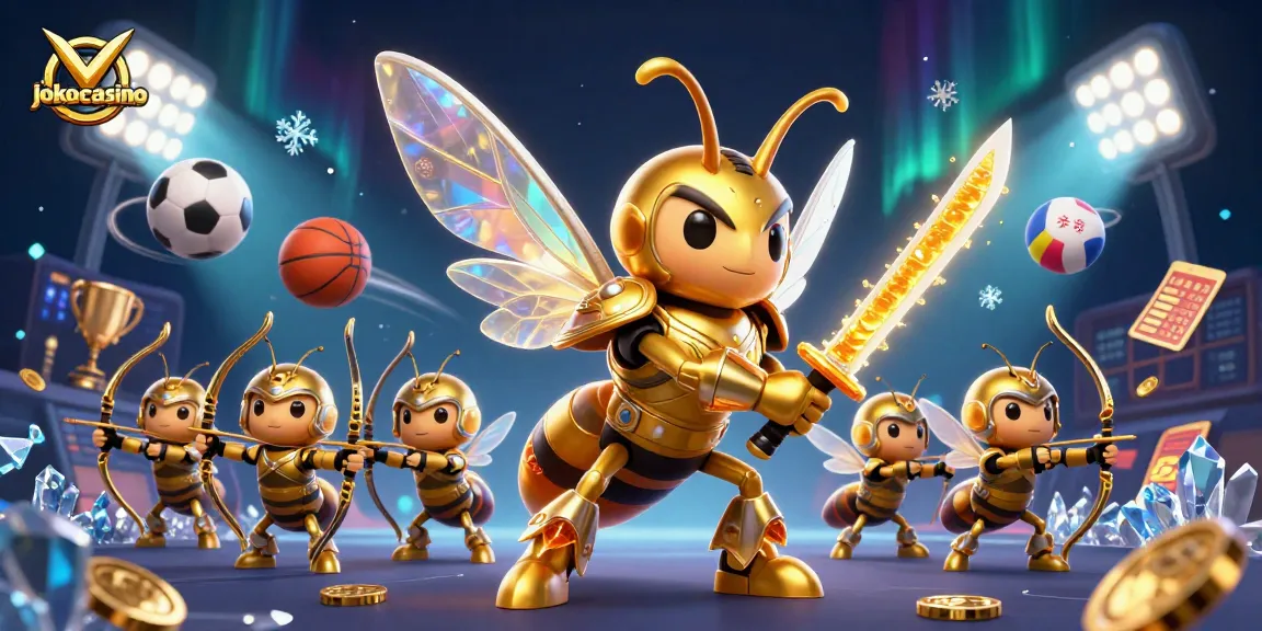 Experience the thrills of jokacasino with a captivating scene of golden hornet warriors and dynamic sports elements.