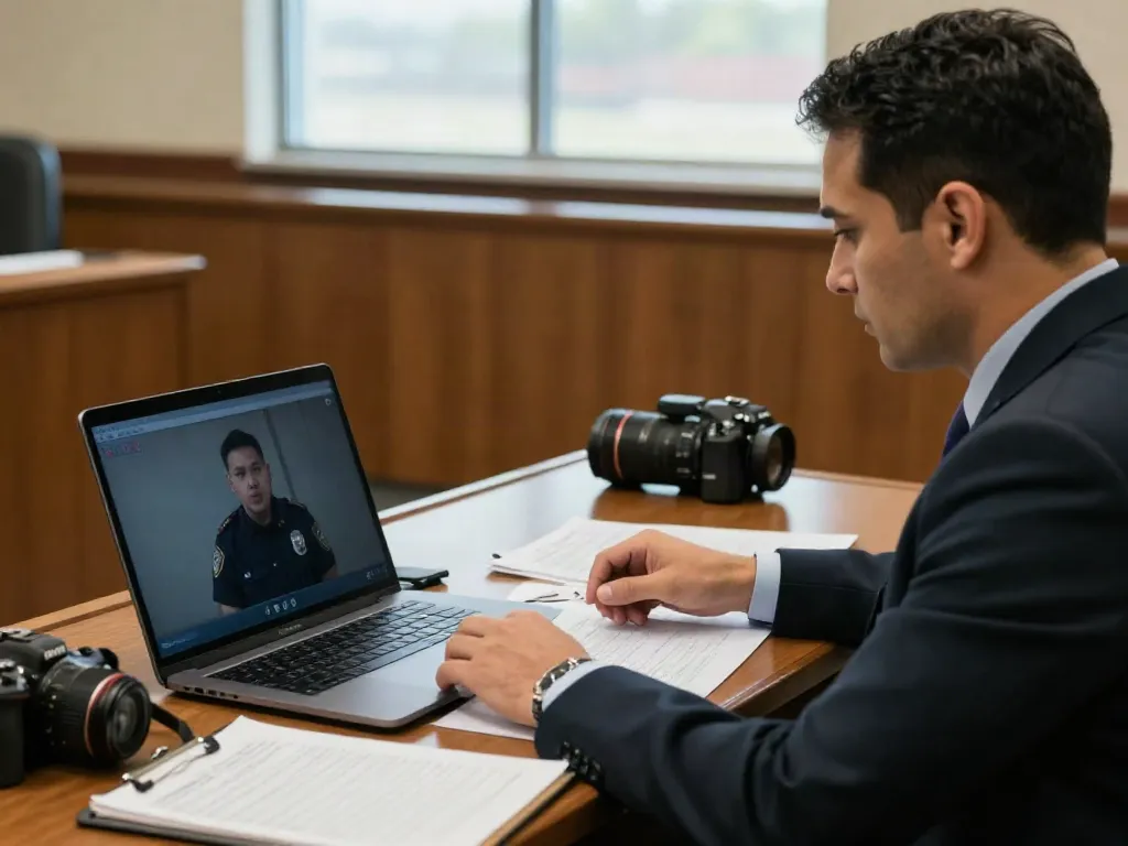 Body camera of DUI Cherokee County GA footage being analyzed by an attorney in a courthouse setting.
