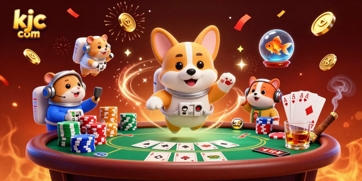 Experience the thrill of kjc com in this vibrant casino-themed scene with a cartoon astronaut corgi!