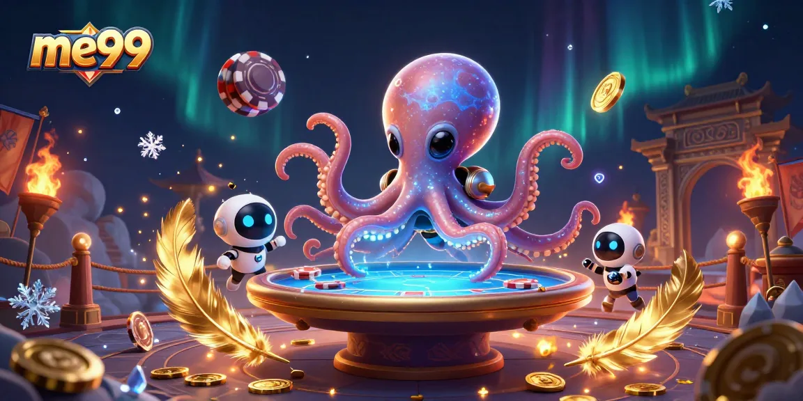 Experience thrilling action at me99 with a cosmic octopus playing poker against a backdrop of vibrant casino elements.