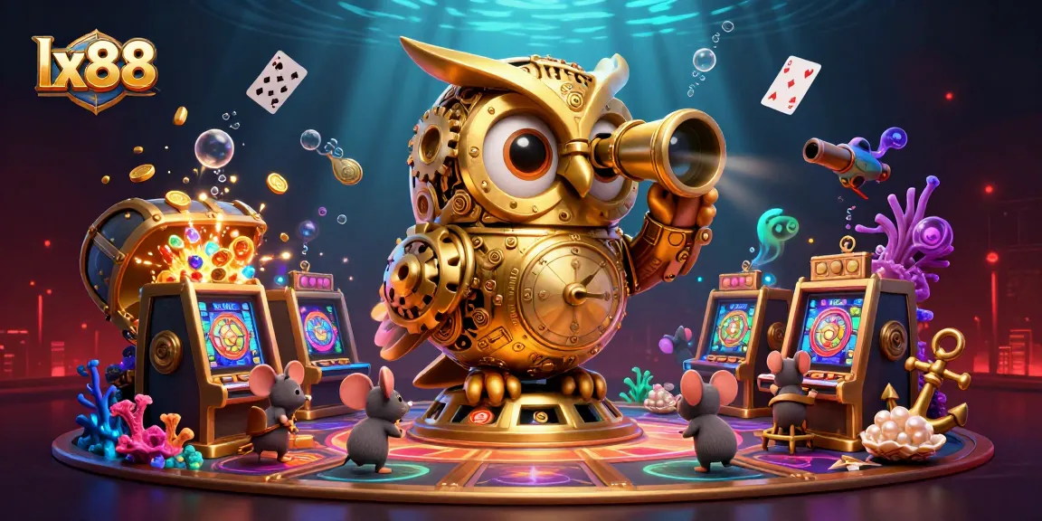 Experience the excitement of lx88's casino with its vibrant 3D scene featuring a golden owl and wind-up mice among glowing treasures.