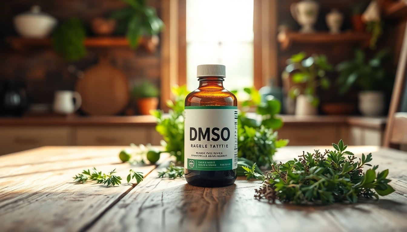 Showcase of dmso supplement bottle on wooden table with herbs, promoting natural health.