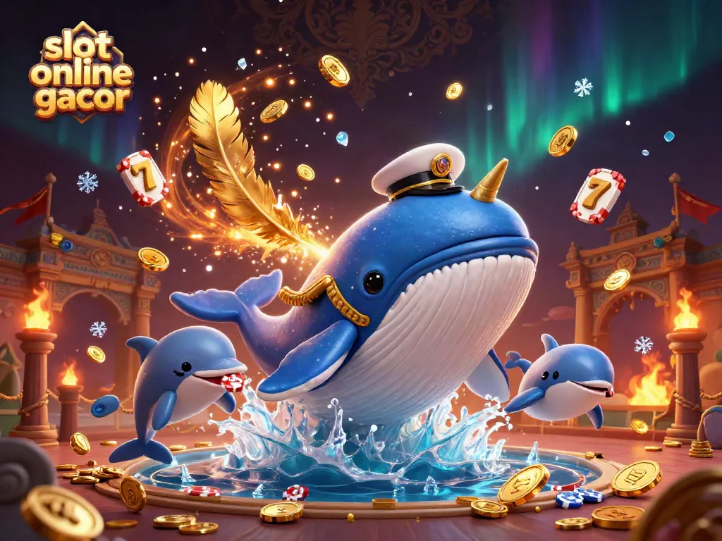 Play slots online gacor with whale, narwhal, and playful dolphins in 3D gambling scene.