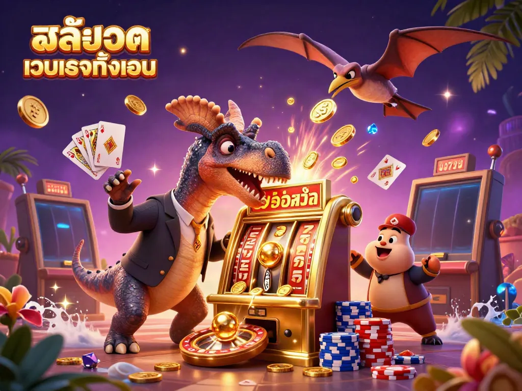 Experience the excitement of สล็อตเว็บตรงทั้งหมด as a cartoon dinosaur engages with a golden slot machine amidst flying coins.