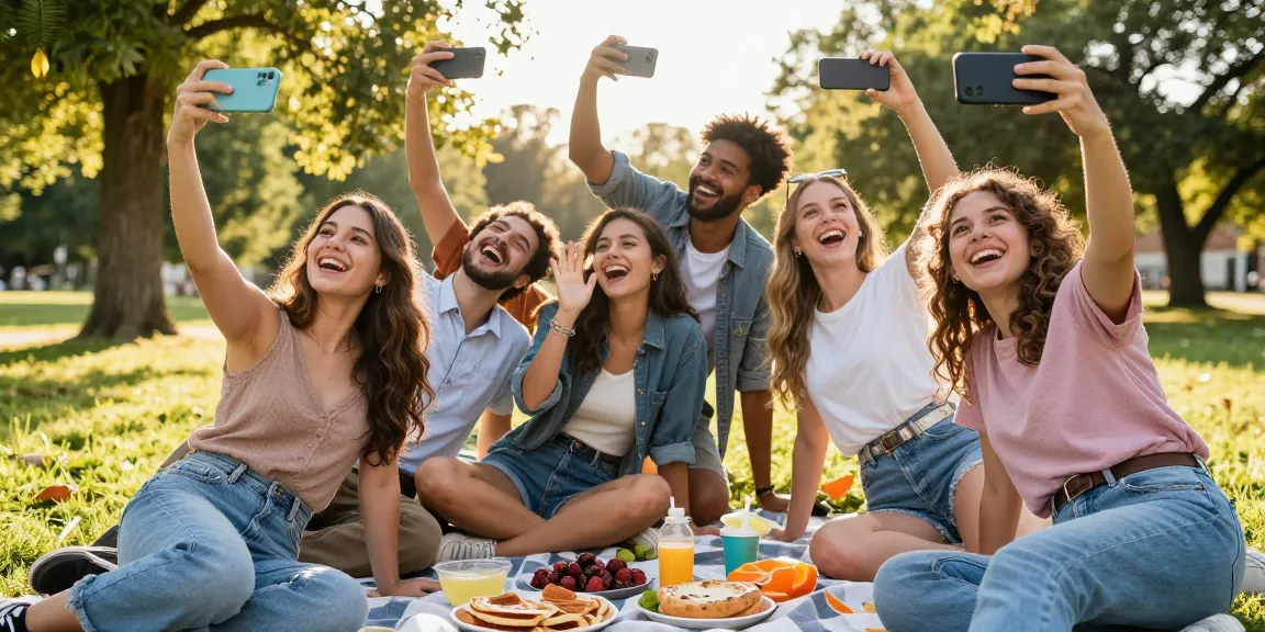 Youthful friends enjoying an outdoor attractiveness test session, sharing selfies and smiles in a sunny park.