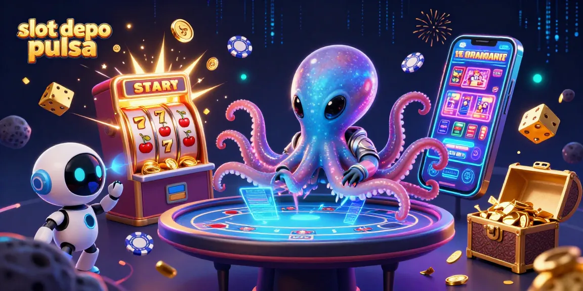Experience slot depo pulsa excitement with an alien octopus and thrilling casino games in this vibrant illustration.