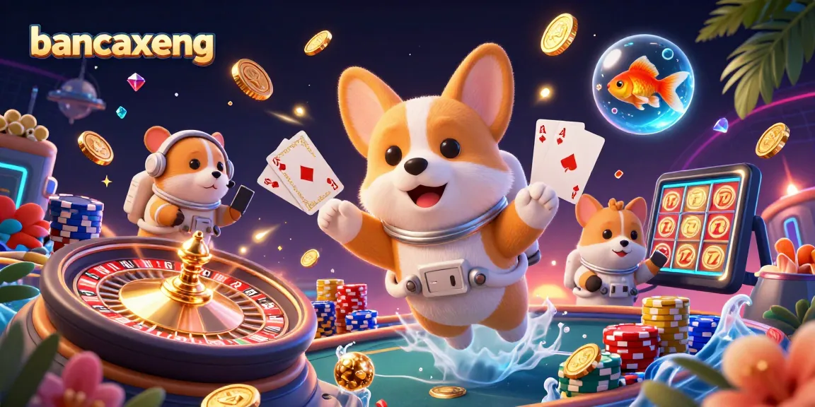Experience the thrill of bancaxeng with a playful corgi in a space casino full of vibrant gaming elements.