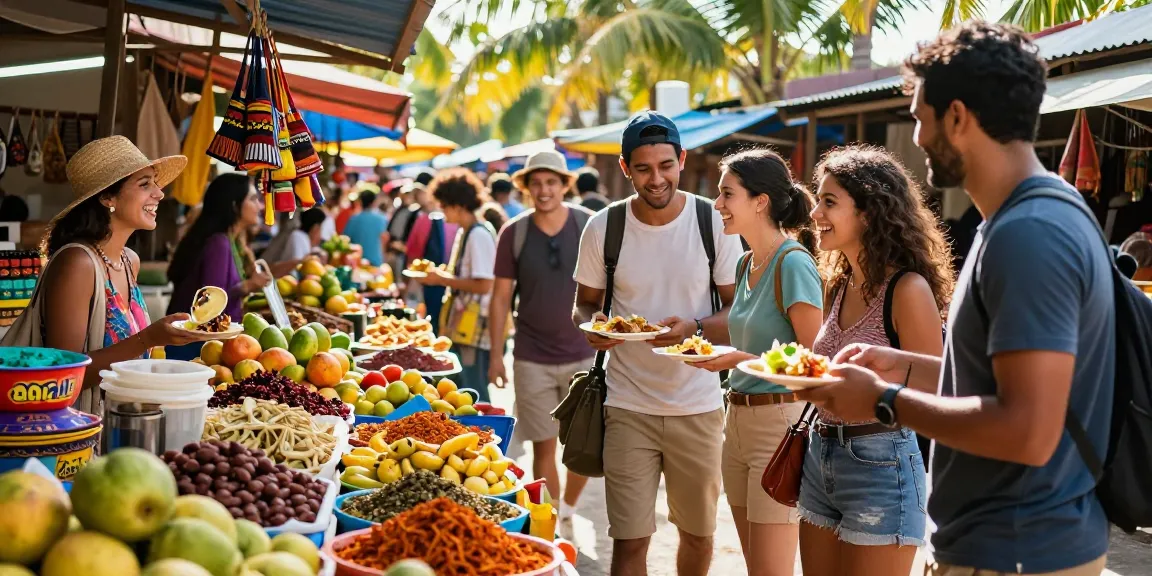 Exploring vibrant street food market with slot qris payment options for local vendors.