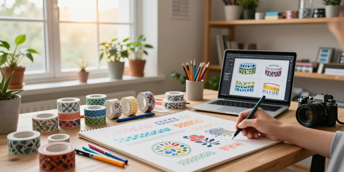 Custom washi tape designs in a vibrant studio featuring an artist creating unique patterns.