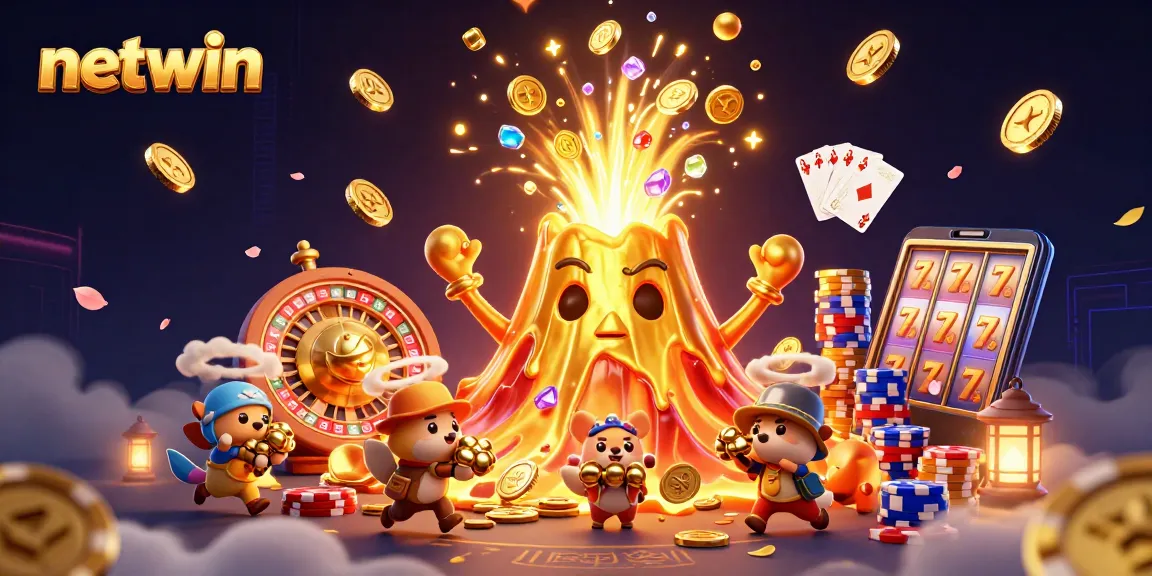 Experience the vibrant world of netwin with a triumphant volcano erupting treasures amidst a lively casino scene.