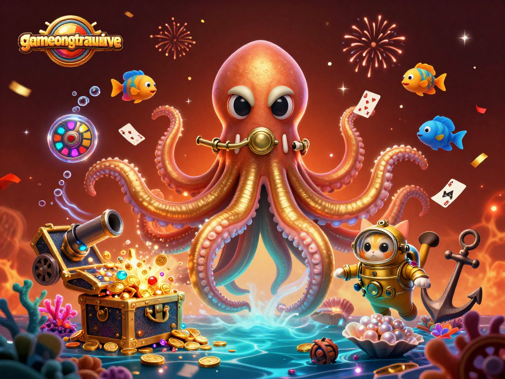 Join the action at gamenongtraivuive as a kraken unveils treasure while a diving cat explores, capturing the thrill of gaming.